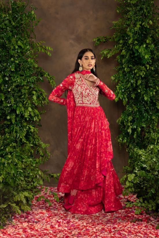 Fuchsia orange floral printed Georgette angrakha style anarkali